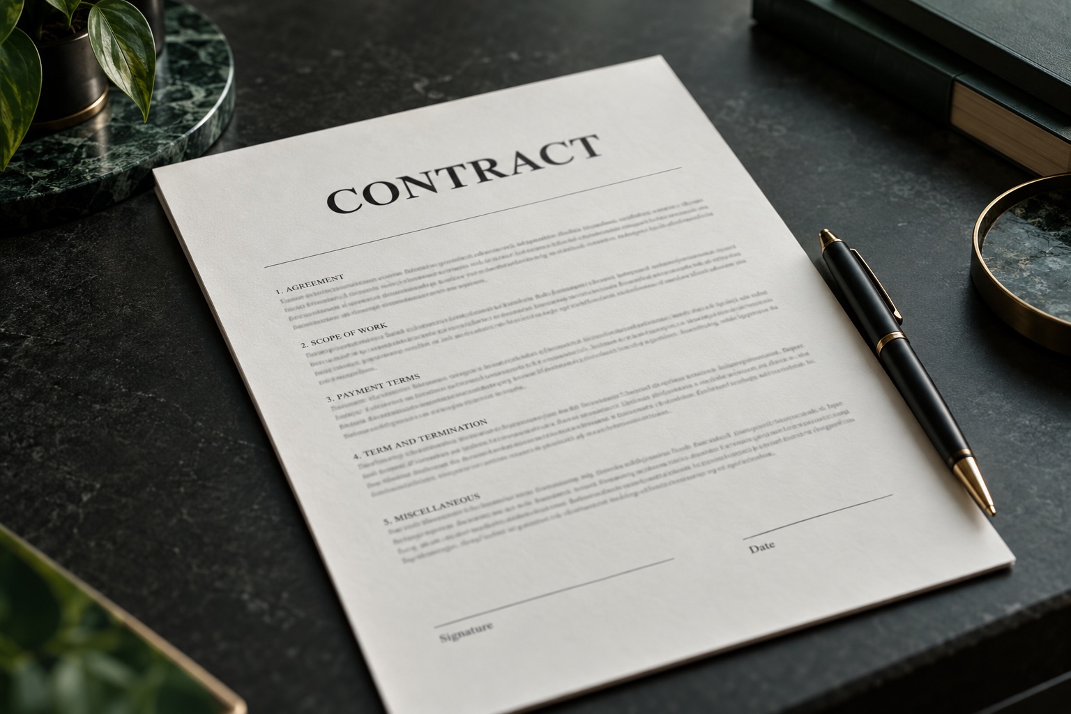 Printed contract and pen on a dark desk