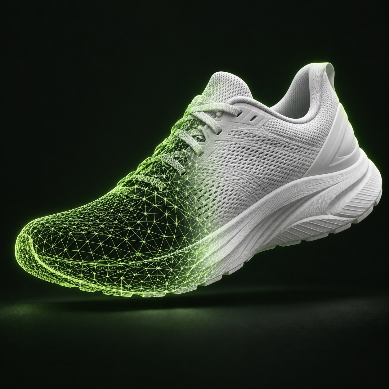 White sports shoe with a lime green wireframe forefoot